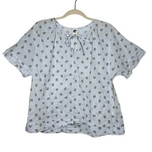 Melrose and Market Womens Light Blue Floral Tie‎ Neck Short Sleeve Top Medium
